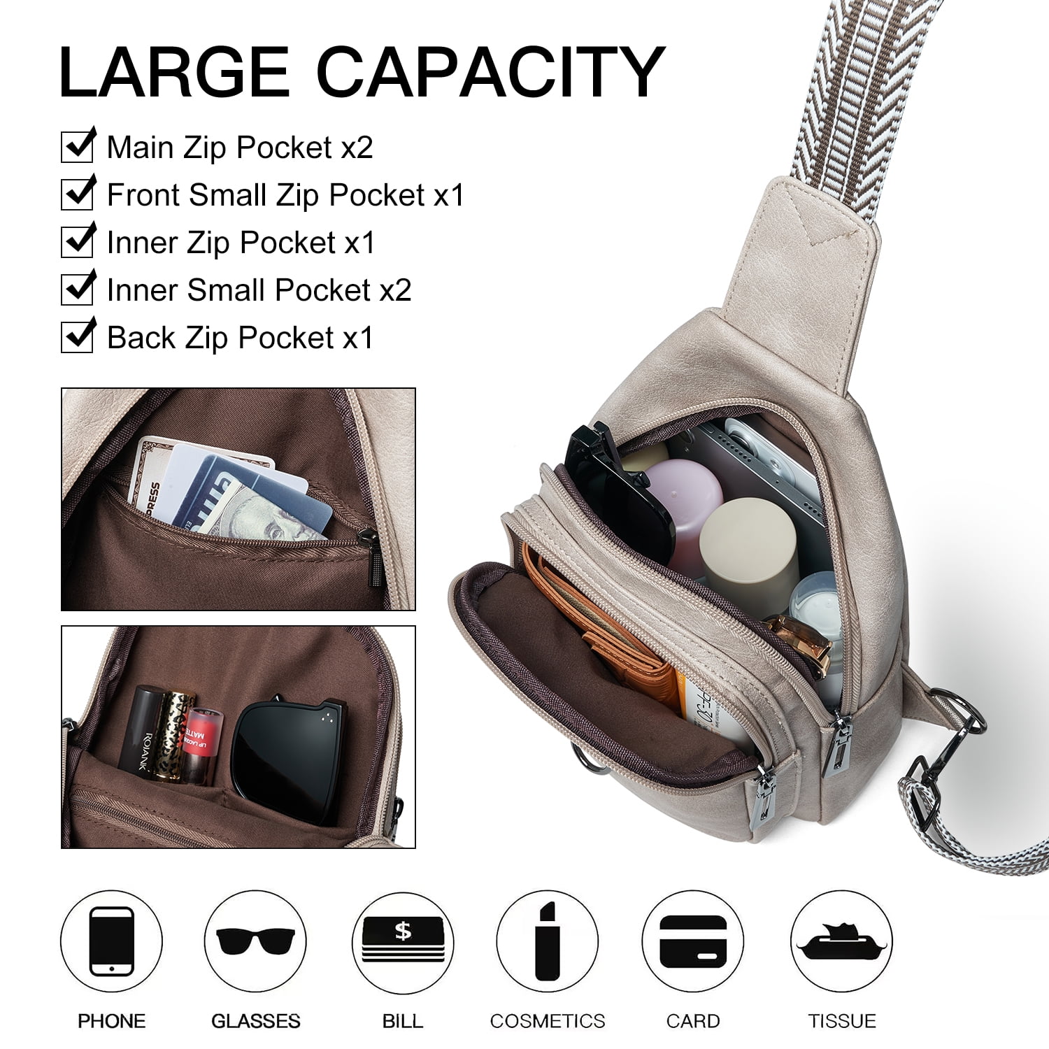 7L Crossbody Sling Bag, Anti-Theft Travel Chest & Belt Bag for Women and Men, Faux Leather