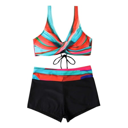 NXMZXB Bikini with Shorts for Women - Drawstring Twist Front Two Piece Swimsuit with Tie Side Bottom Boyshorts High Waisted Bathing Suits Athletic Swimwear(Multicolor M)