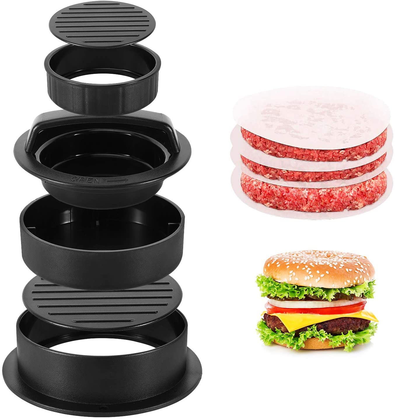 Burger press, 3 in 1 nonstick hamburger patty maker hamburger press