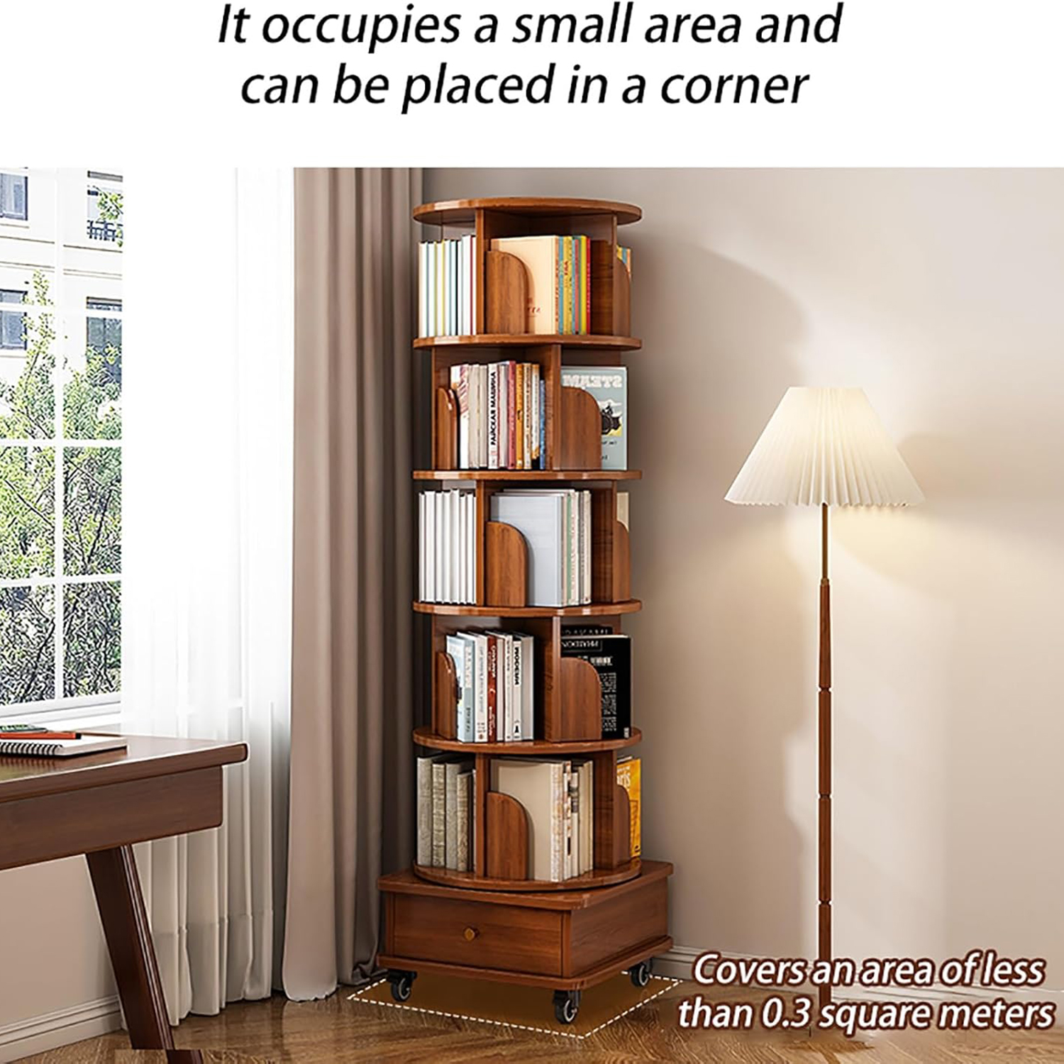 Rotating Bookshelf, 360° Display Corner Bookshelf for Small Space, 5 Tier Bookcase Storage Rack with Wheels, Wood Narrow Organizer for Bedroom, Living Room, Office