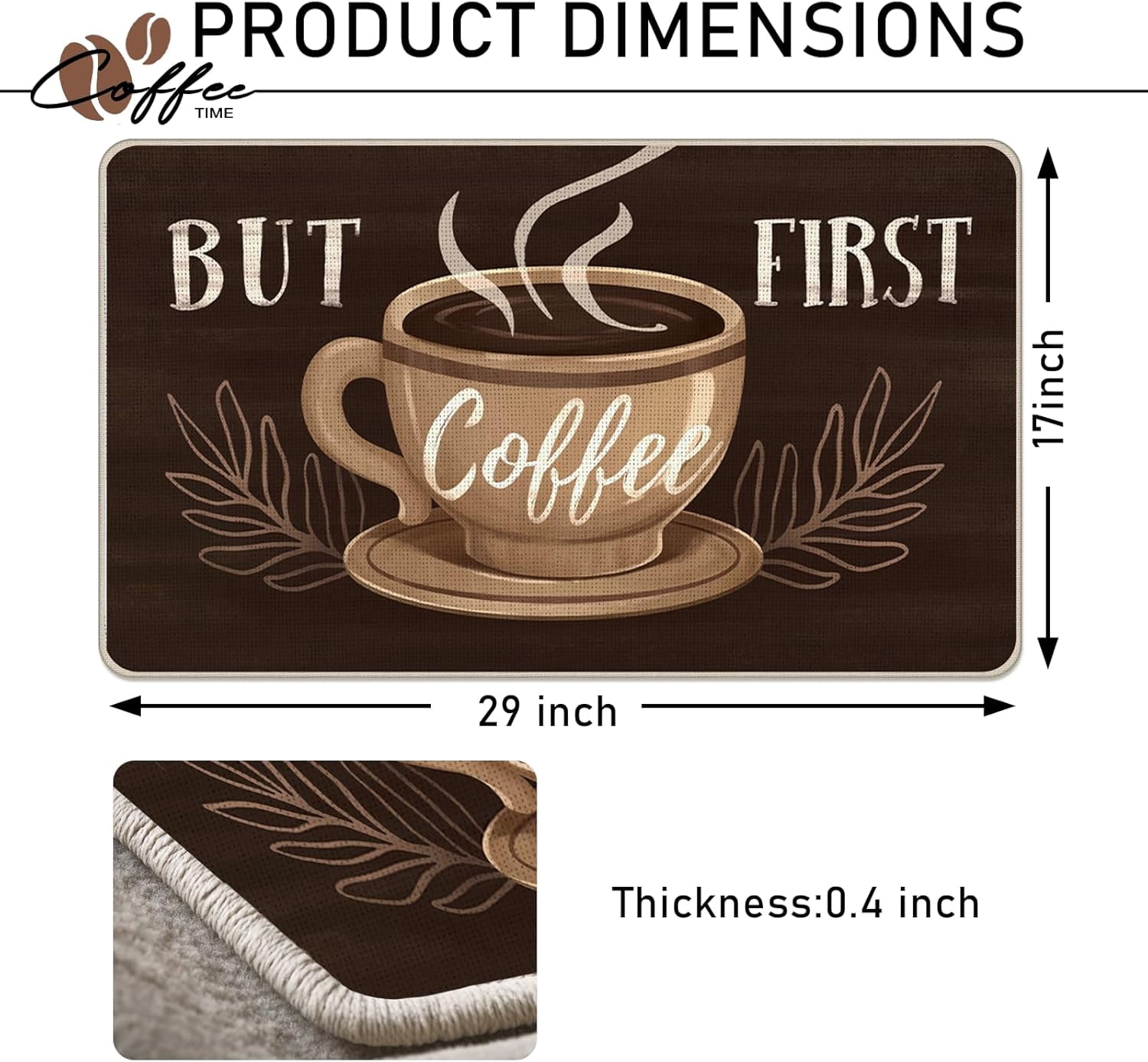 But First Coffee Themed Decorative Front Door Mat, Coffee Cup Welcome Doormat Indoor Outdoor Brown Non-Slip Floor Entryway Rug, Coffee Bar Cafe Home Kitchen Decoration 17x30 Inch