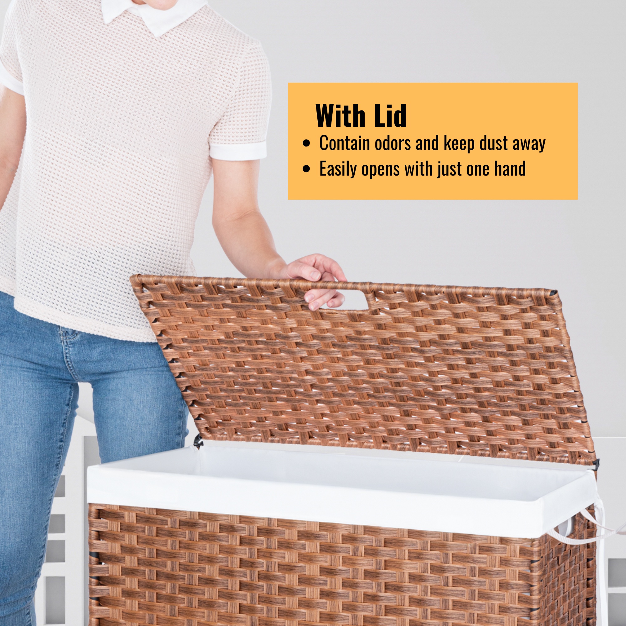 PORKISS Wheeled Laundry Basket with Lid, Laundry Hamper for PE Rattan, Waterproof Square Clothes Hamper with Removable Bags for Dorm Clothes Toy Storage, 42.26 Gal. Brown