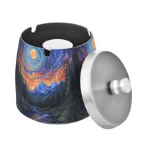 Yayeee Ashtray with Lid for Cigarette Smokeless Stainless Steel Home Ash Holder, Mountains and Forests