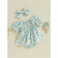 thumbnail image 3 of Musuos Newborn Girl Cute Summer Outfit, 3M 6M 12M 18M Short Sleeve Off-shoulder Flower Print Romper Dress with Headband Clothes, 3 of 10