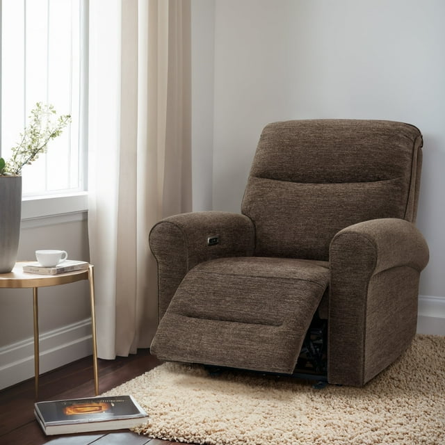 MCombo Small Fabric Recliner Chair, Wall Hugger, USB Ports, Brown