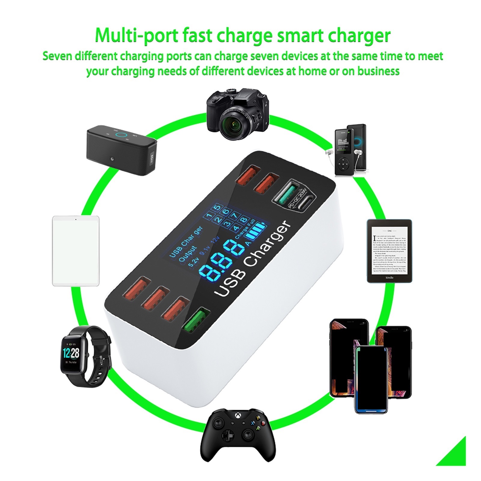 Charging Station For Multiple Devices,Quick Charge 3.0 Fast Charger Adapter 8 USB Charger Station Type C Phone Charger For Multiple Devices ,No More Cable Clutter