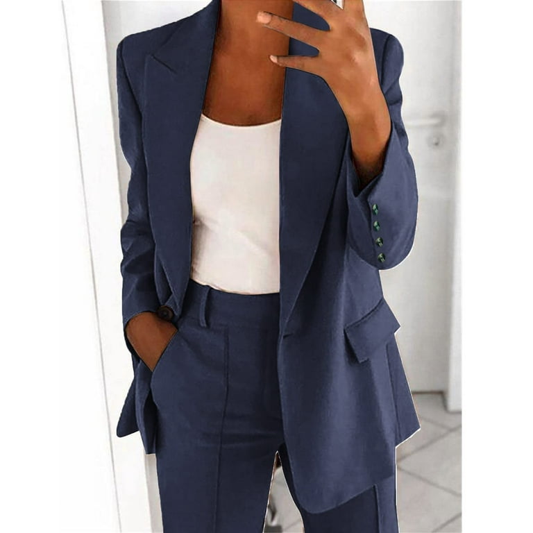 REORIAFEE Dressy Outfits for Women Going out Outfits Women's Long Sleeve  Suit Pants Casual Elegant Business Suit Navy S 