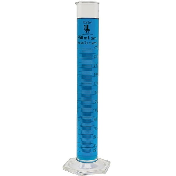 250ml, Graduated Cylinder, Borosilicate 3.3 Glass, Single Metric Scale, Karter Scientific 246J2 (Single)