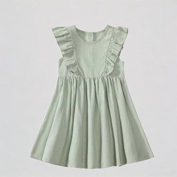 REDARER Girls Ruffle Flutter Sleeve Linen Blend Dress Casual Summer Playwear Everyday Outfit,4-5 Years
