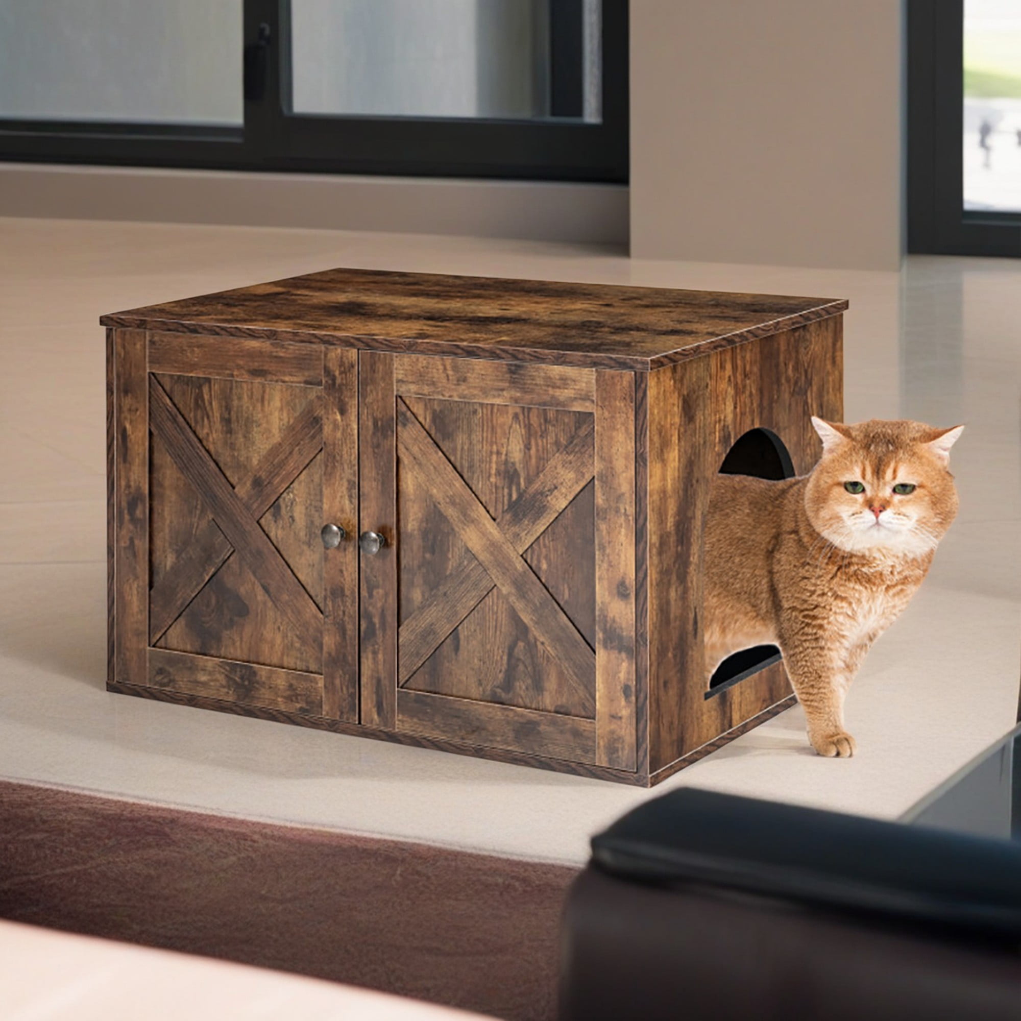 Kadyn 31" Hidden Cat Litter Box Enclosure Furniture with Divider, Wood Cat House Washroom Cabinet Fit for Most of Cat and Litter Box, Brown