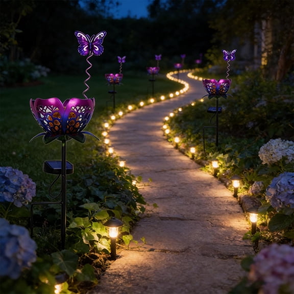 Solar Metal Lotus Butterfly Stake Lights Purple Hollow Metal Flower Pathway Lights Waterproof Outdoor Solar Landscape Lights for Yard Lawn Garden Patio Decor