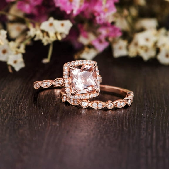 Bluebelljewels Princess Cut Cubic Zirconia 14K Rose Gold Finish Wedding Engagement Ring Set
