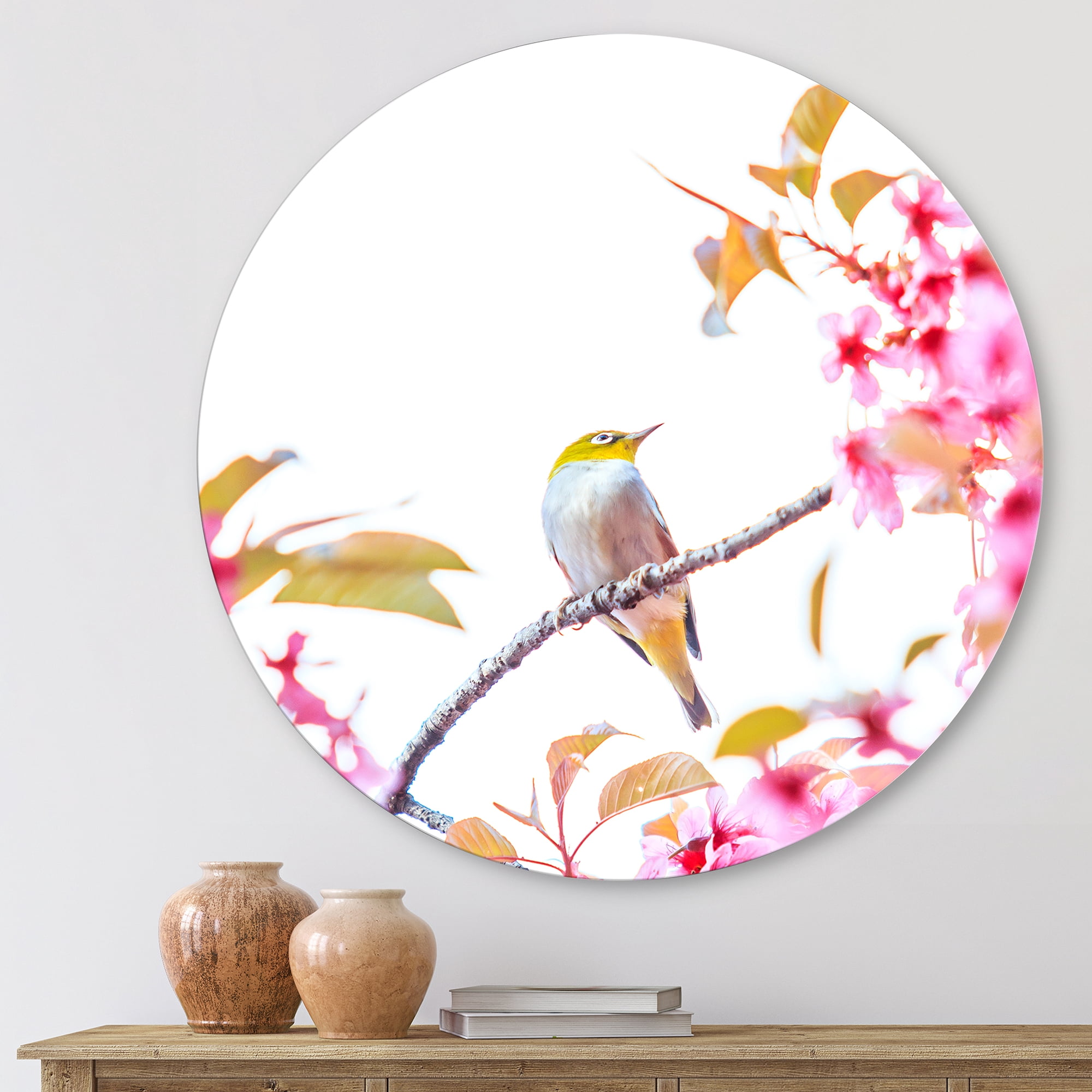Designart 'Bird Sitting On Cherry Blossom' Traditional Circle Metal Wall Art 11x11 - Disc of 11