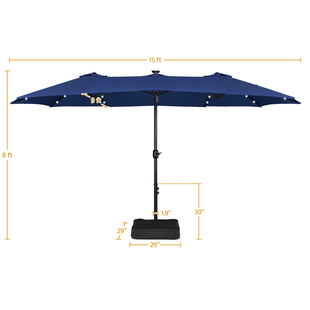 Alden Design 15 ft Triple-size Patio Parasol Umbrella 36 LED Lights Crank for Outdoor, Navy Blue