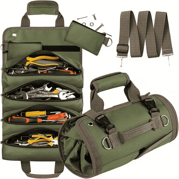 Tool Bag Roll Up – Heavy Duty Portable Soft Tool Storage – Foldable Empty Rollup Organizer with Small Pockets – Rollable Tool Bag – Valentines Day Gifts for Him Dad Men Mechanic Welding – Green