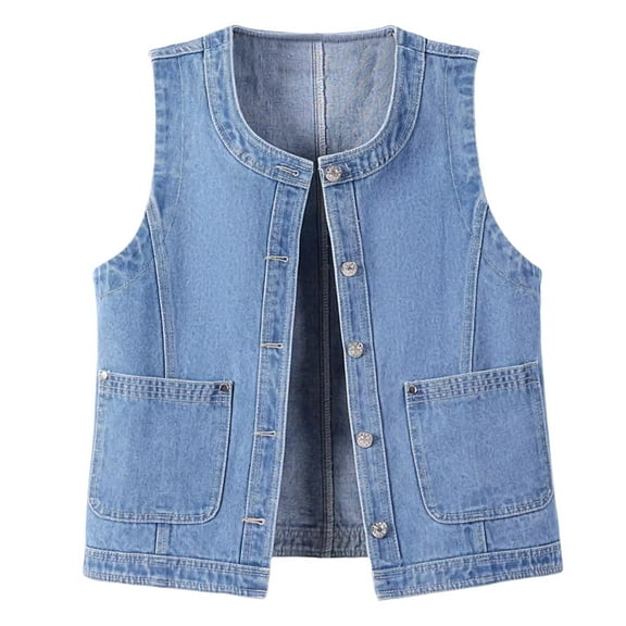 Oplxuo Women's Button Down Denim Vest Summer Sleeveless Tank Tops Crew Neck Slim Fit Jean Shirt Jacket Waistcoat with Pockets