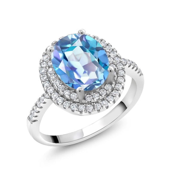 Gem Stone King 925 Sterling Silver Halo Engagement Ring Oval Millennium Blue Mystic Quartz and Moissanite (2.23 Cttw) | Size 7