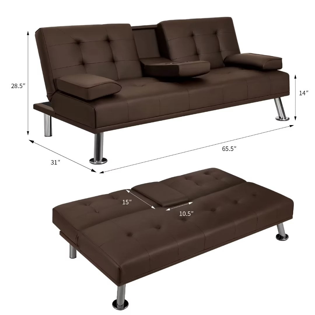 Vineego Couch Relax Modern Wood Convertible Folding and Futon Sofa Bed with 2 Cup Holder, Brown
