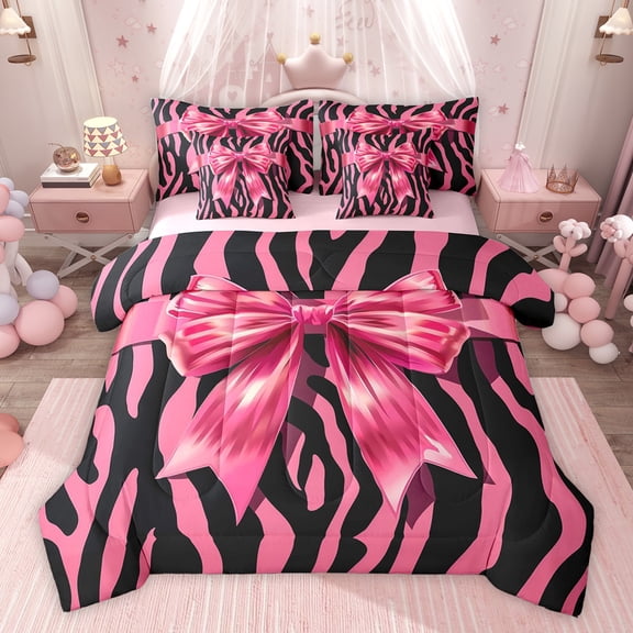 Feelyou Fashion Bowknot Kids Twin Bedding Sets 7-Piece, Kawaii Princess Ribbon Bedding Comforter Set, Zebra Print Black Pink Reversible Sheet Sets, Breathable Home Decor