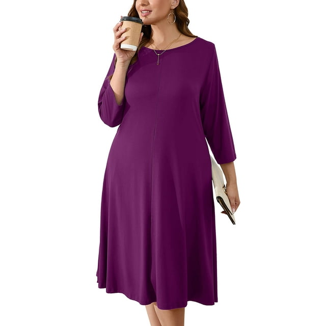 SHOWMALL Robe Chemise Femme Grande Taille Violette 2X Robe Décontractée Manches 3/4 Robe Midi Col Bateau Robe Fluide avec Poches