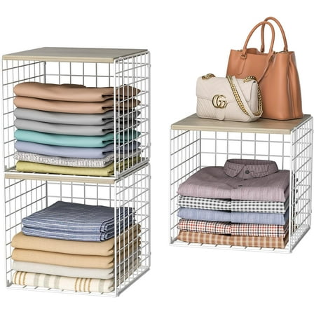 3PCS Stackable Closet Organizers and Storage, Closet Shelves with Wood Top Extra Storage, Clothes Storage Organizer Basket Bin/Cube for Home Wardrobe Organization(White-Sturdy Metal) Patent Pending