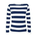 thumbnail image 4 of Women's Wide Striped Shirt Long Sleeve Loose Basic Boat Neck Tops,Blue,L, 4 of 4