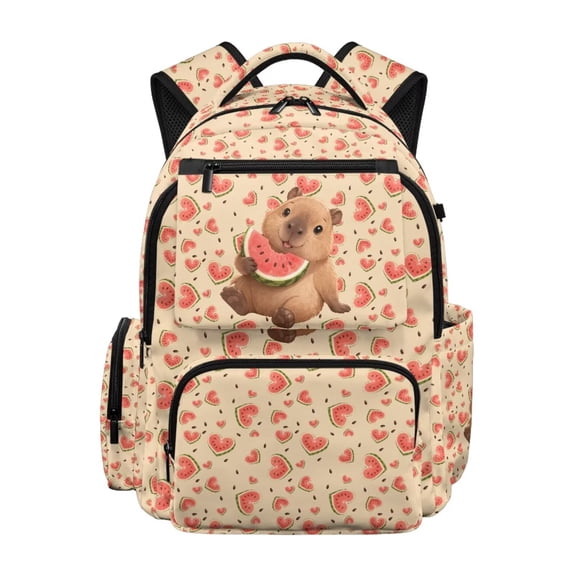 Forchrinse Capybara Bookbag for Girls 10-12 Elementary School Backpack Watermelon Print 17 Inch Bookbag Large Capacity Kids Schoolbag with Multi Pockets