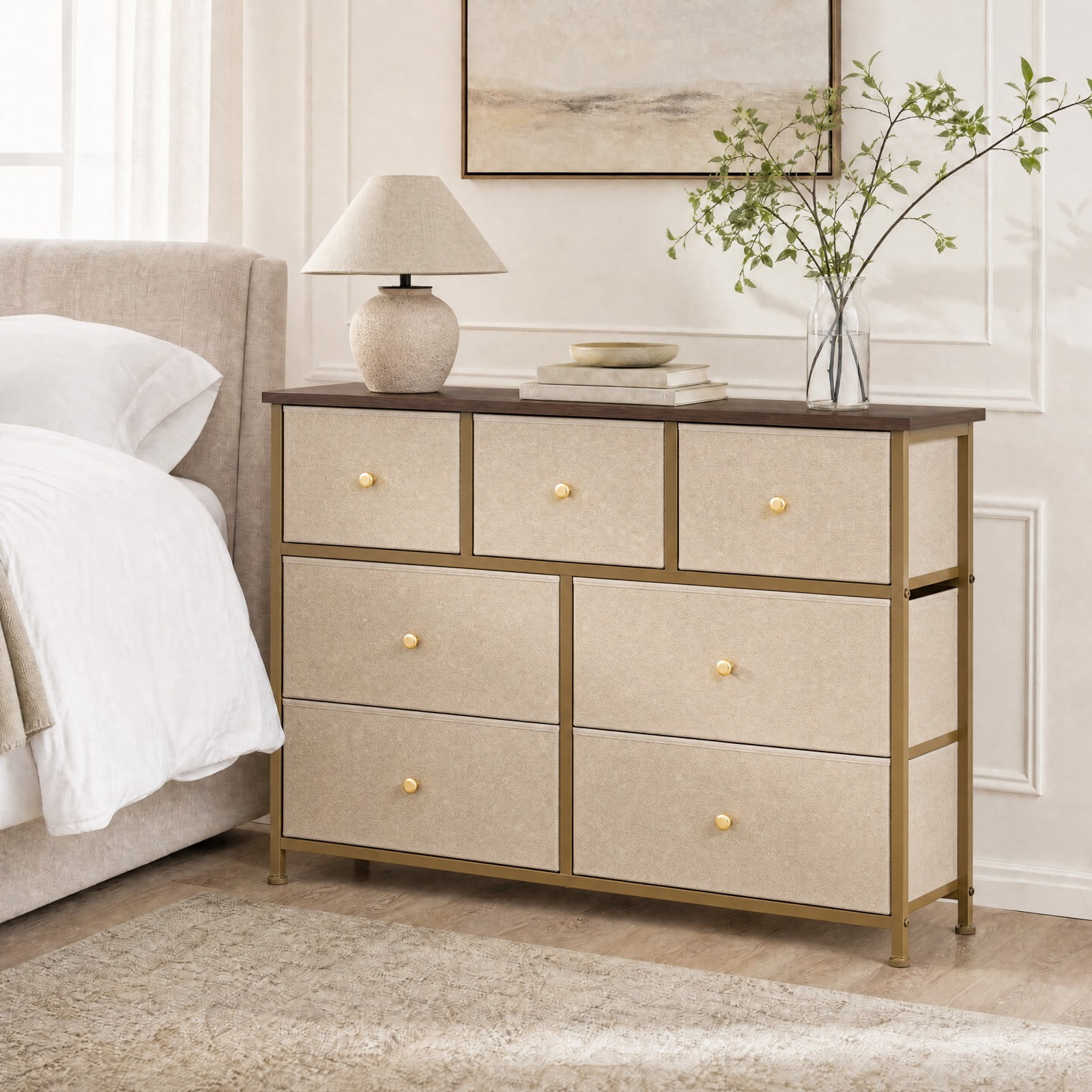 Telyra 7-Drawer Fabric Dresser TV Stand Organizer with Wood Top and Metal Frame Wide Storage Chest, Khaki