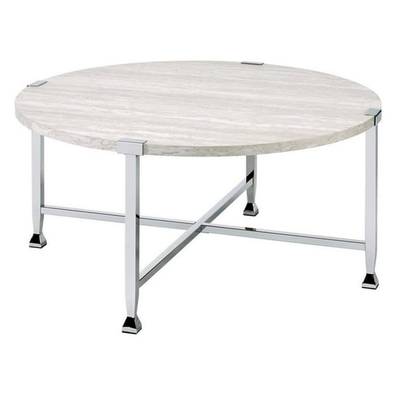 ACME Brecon Round Wooden Top Coffee Table in White Oak and Chrome