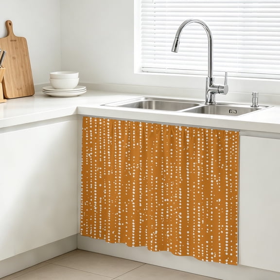 Terracotta Cabinet Curtains for Kitchen 28"Wx35"L, White Dots and Lines Fiber Abstract Art Orange Farmhouse Sink Skirt Magic Tape Short Curtain Decorative Privacy Panel for Bathroom Laundry