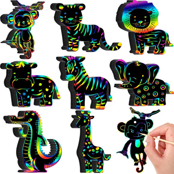 Tarjetas de rascar redondas y divertidas para rascar con forma de safari en la jungla, 80 unidades