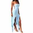 thumbnail image 3 of Women Summer Elegant Strapless Tube Midi Bodycon Dresses Irregular Ruffle Tassel Party Dress, 3 of 9