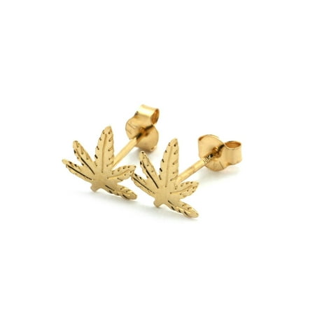 14k Yellow Gold Leaf - 14k Yellow Gold Marijuana Leaf Stud Earrings