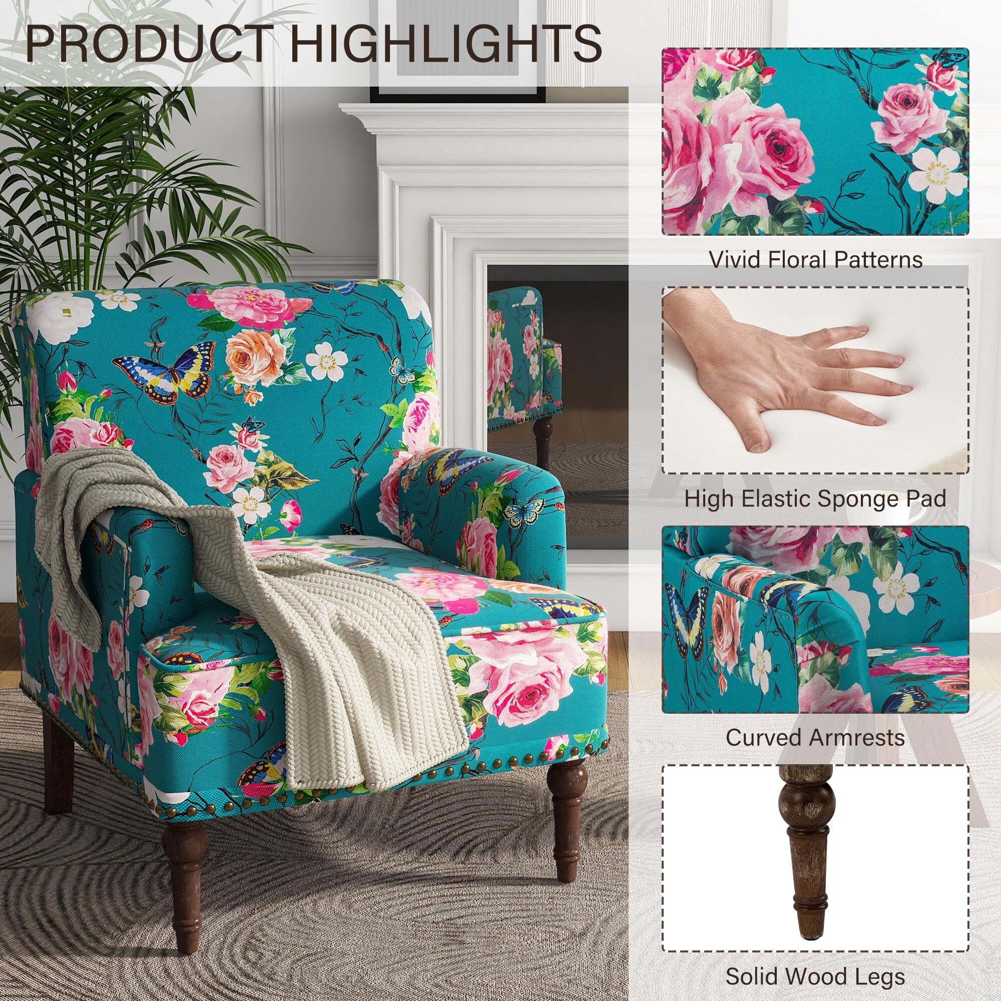 DREAMSIDEA Floral Accent Chairs Set of 2,Modern Nailhead Trim Armchair for Living Room, Comfy Upholstered Lounge Chair Reading Seat