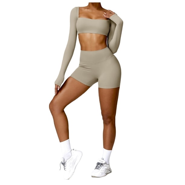 Conjuntos de entrenamiento de 2 piezas for mujer, sujetador deportivo acolchado de manga larga, trajes de gimnasio de cintura alta con