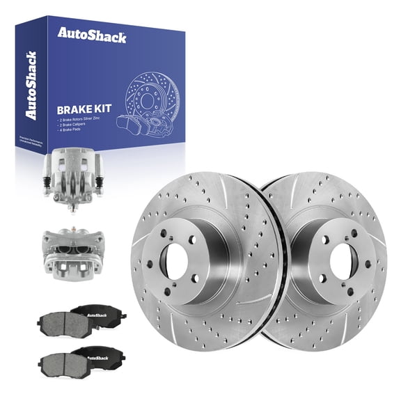 AutoShack Front Vented Drilled & Slotted Silver Zinc Coated Brake Rotors   Ceramic Pads   Calipers 8-PC Brake Kit Replacement for 2005-2012 Subaru Outback SilverShield Pro 11.55" (293.4 mm)