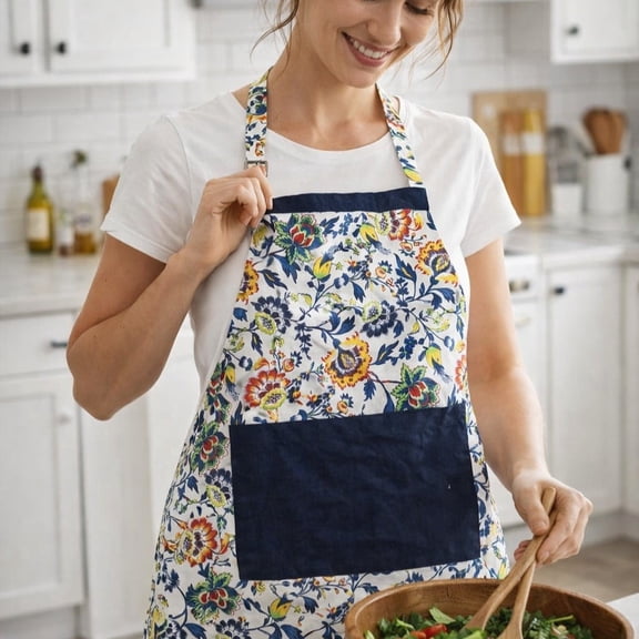 FINGERCRAFT Apron, Dual Pocket, Adjustable Tie, Multipurpose Washable Bib Apron for Home, Kitchen, Chef and Professionals Blue Floral