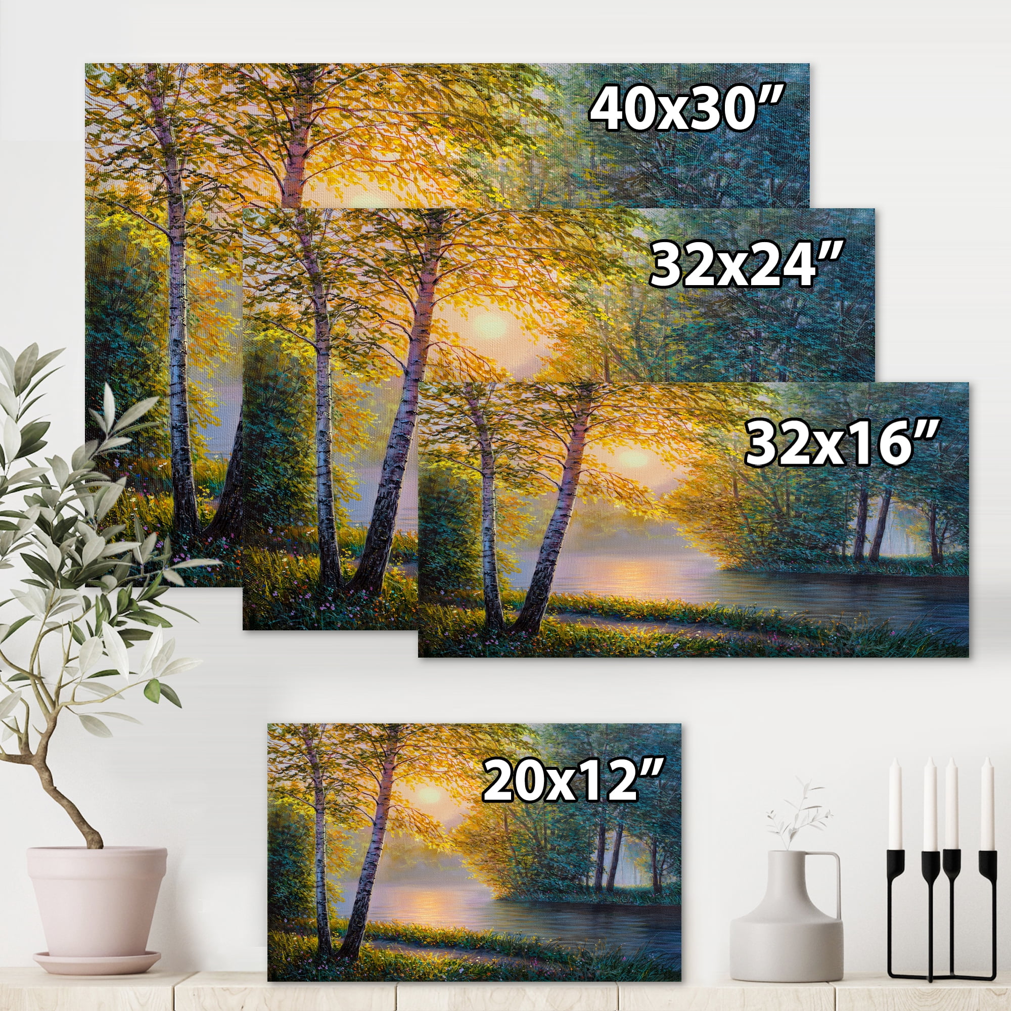 Designart ' Sunrise Summer With Beautiful River Spring Forest ' Lake House Canvas Wall Art Print
