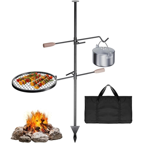 Swivel Campfire Grill – Heavy Duty Fire Pit Grill Grate, 360° Adjustable Steel Cooking Rack for Open Fire, Portable Outdoor BBQ Campfire Grate for Camping, Hiking, Backyard & Survival Cooking