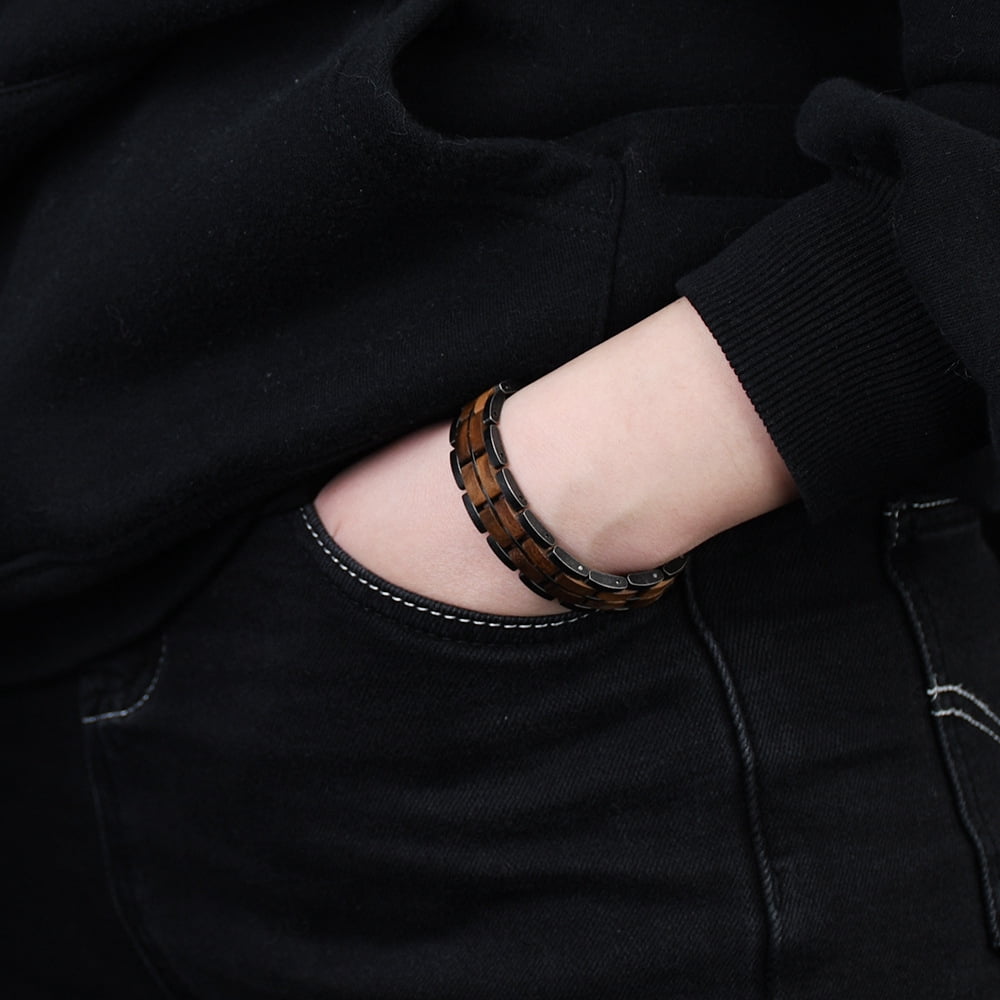 Wollet Mens Wooden Bracelet Stylish Wood & Stainless Steel Wooden Jewelry Gift for Men