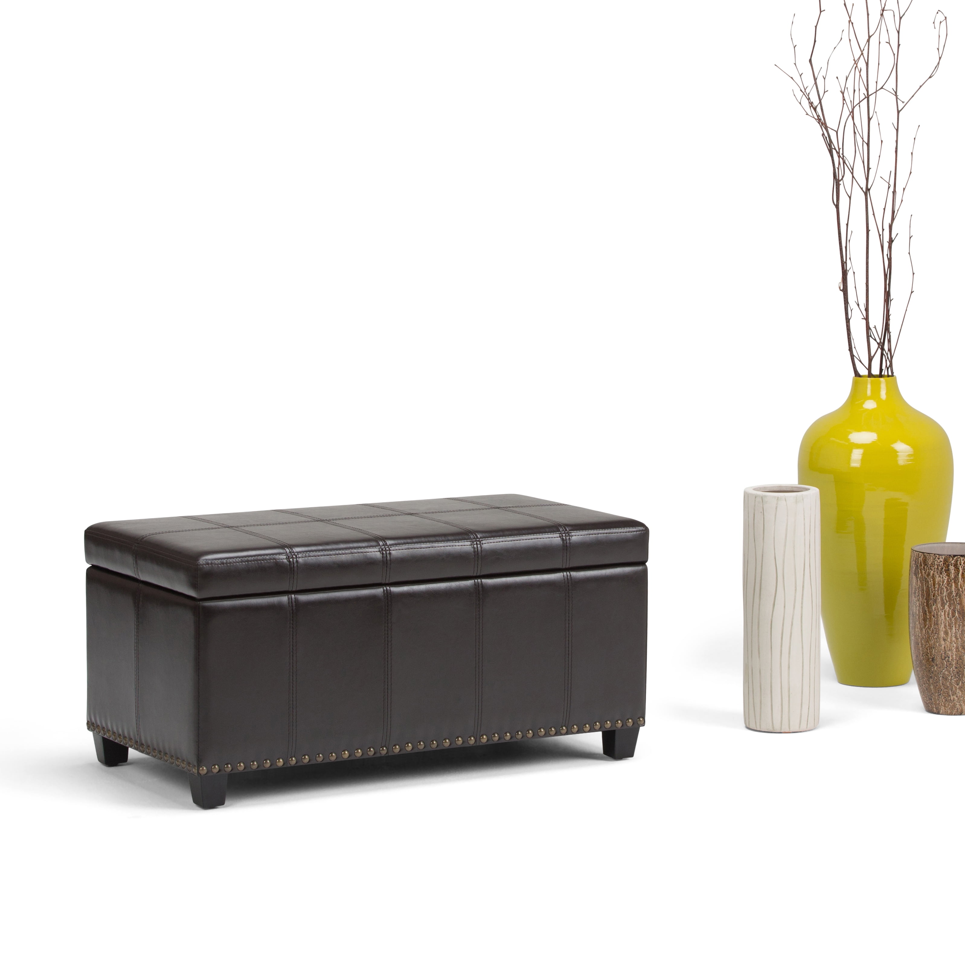 Simpli Home Amelia 33 inch Wide Transitional Storage Ottoman Bench in Tanners Brown Vegan Leather