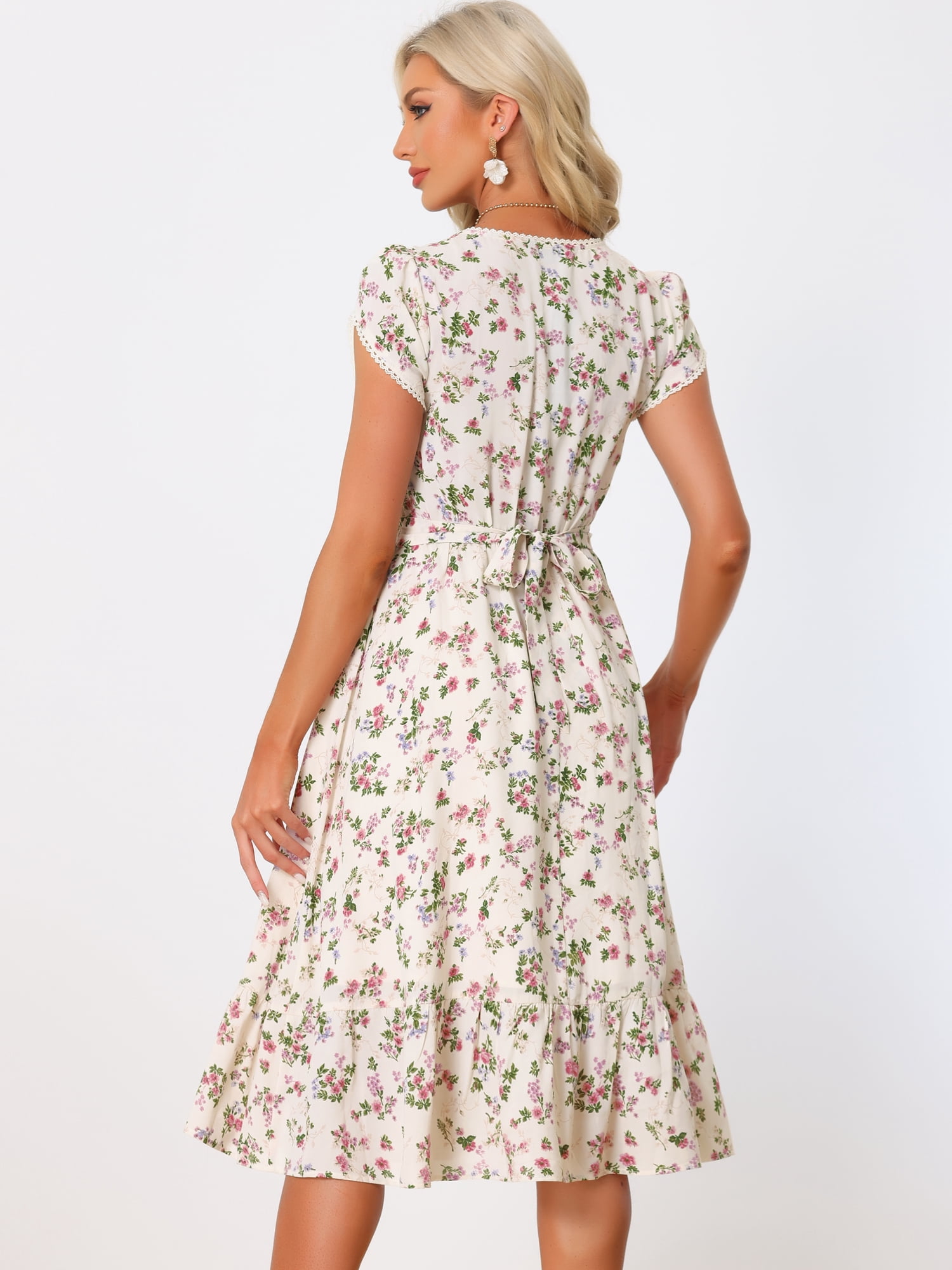 Unique Bargains Women's 2024 Summer V Neck Boho Floral Print Midi Long Dresses M Floral Pink Purple