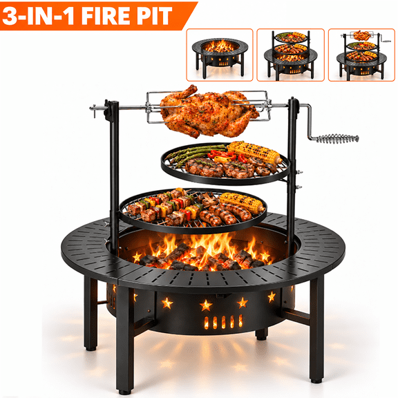 Outdoor Fire Pit with Grills, 33’’ Round Wood Burning Firepit BBQ Grill Combo, Heavy Duty Patio Fire pit Table with Rotating Grill Fork for Backyard, Deck, Camping & Picnic