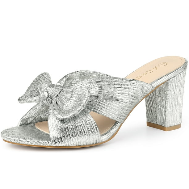 Sandalias de tacón grueso con lazo para mujer, plateadas, EE. UU. 8,5