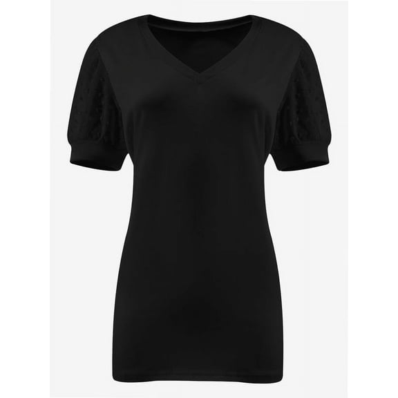 Womens Casual Cropped T Shirts V Neck Swiss Dot Puff Sleeve Crop Tops Summer Loose Basic Tees Tshirts