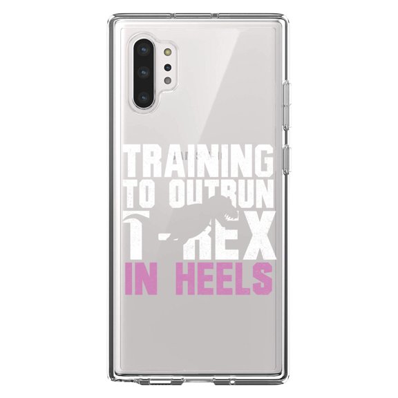 DistinctInk Clear Shockproof Hybrid Case for Galaxy Note 10 PLUS (6.8" Screen) - TPU Bumper Acrylic Back Tempered Glass Screen Protector - Training to Outrun T-Rex in Heels