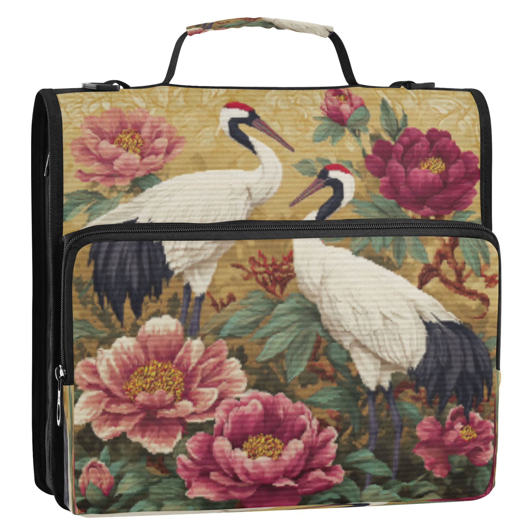 DIXRUYEE Zipper Binder trapper keeper Documents Organized Design Elegant Cranes Amid Peony Splendor Printed