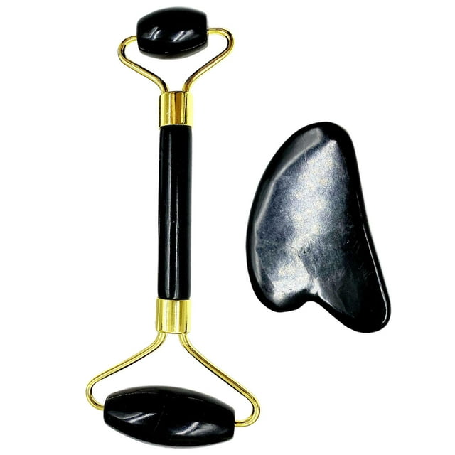 Milaget Rouleau Facial en Jade à Double Tête Naturel Véritable et Massage Gua Sha - Noir