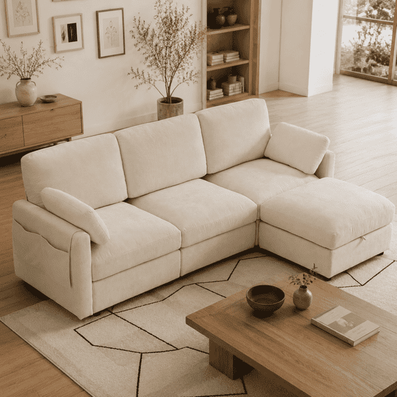 Kavelon Modular Sectional Couch Chenille Fabric Upholstery Washable Sofa with Side Pocket Comfort Seating Cloud Couches for Livingroom