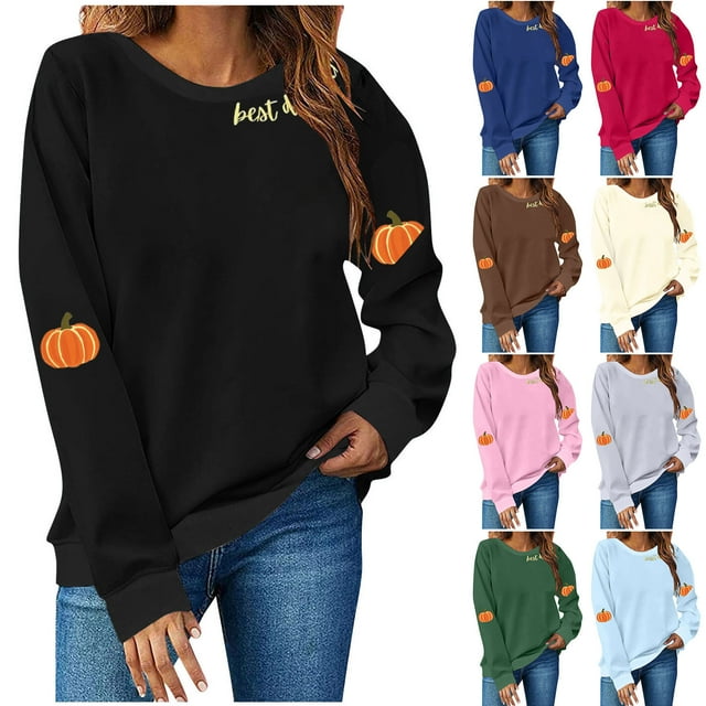 Frostluinai Chandail de l\'Action de Grâce pour Femmes Col Rond Manches Longues Chandails Citrouille Chandails Décontractés Amples d'Automne Chandails à Enfiler Hauts Chandails